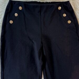 Chicos Black Sailor Gold Button Wide Leg Pants Womens 10P Stretch Pull On Dressy